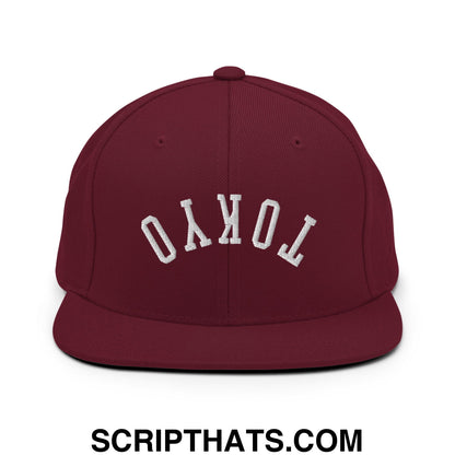 Upside Down Tokyo Embroidered Flat Bill Brim Snapback Hat Maroon
