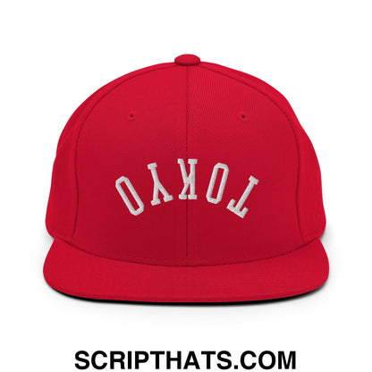 Upside Down Tokyo Embroidered Flat Bill Brim Snapback Hat Red