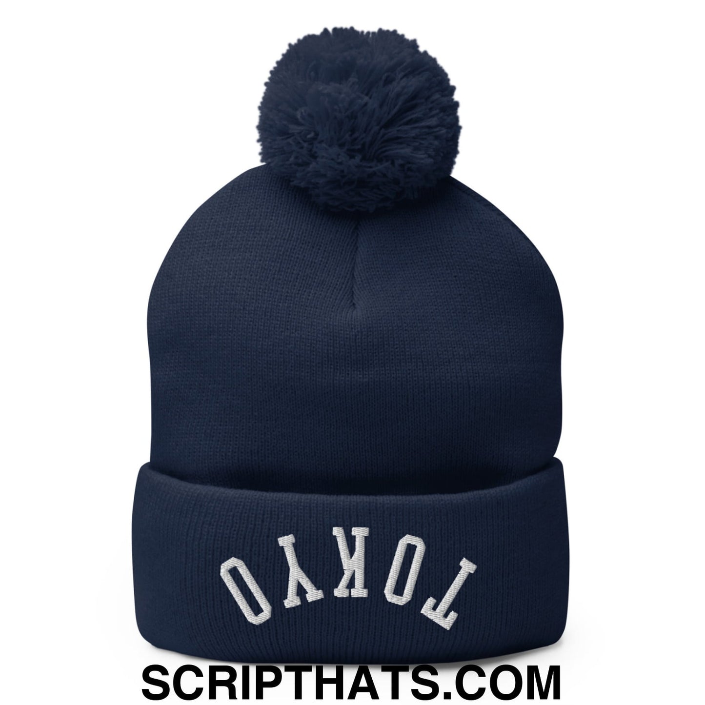 Upside Down Tokyo Embroidered Pom Pom Knit Beanie Navy