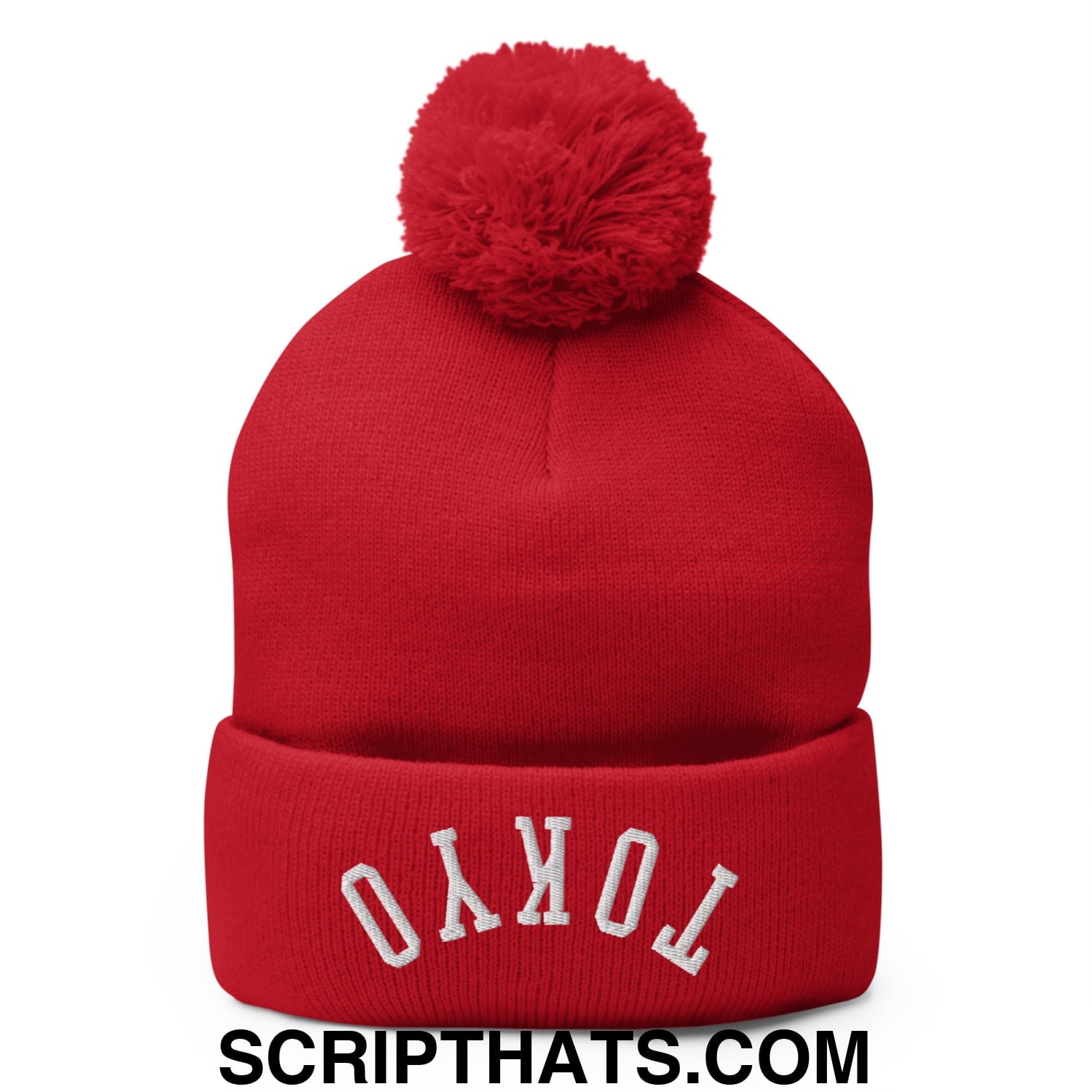 Upside Down Tokyo Embroidered Pom Pom Knit Beanie Red