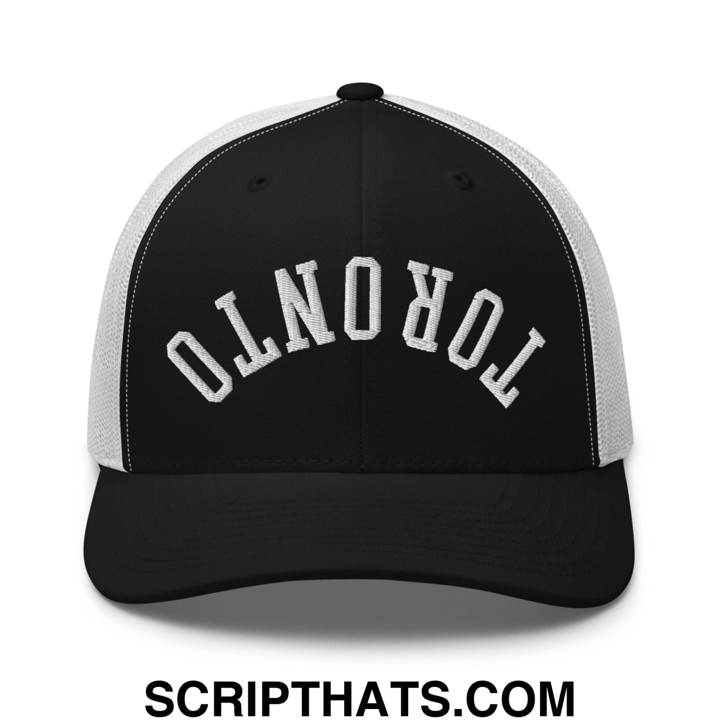 Upside Down Toronto Embroidered Mesh Trucker Hat Black White