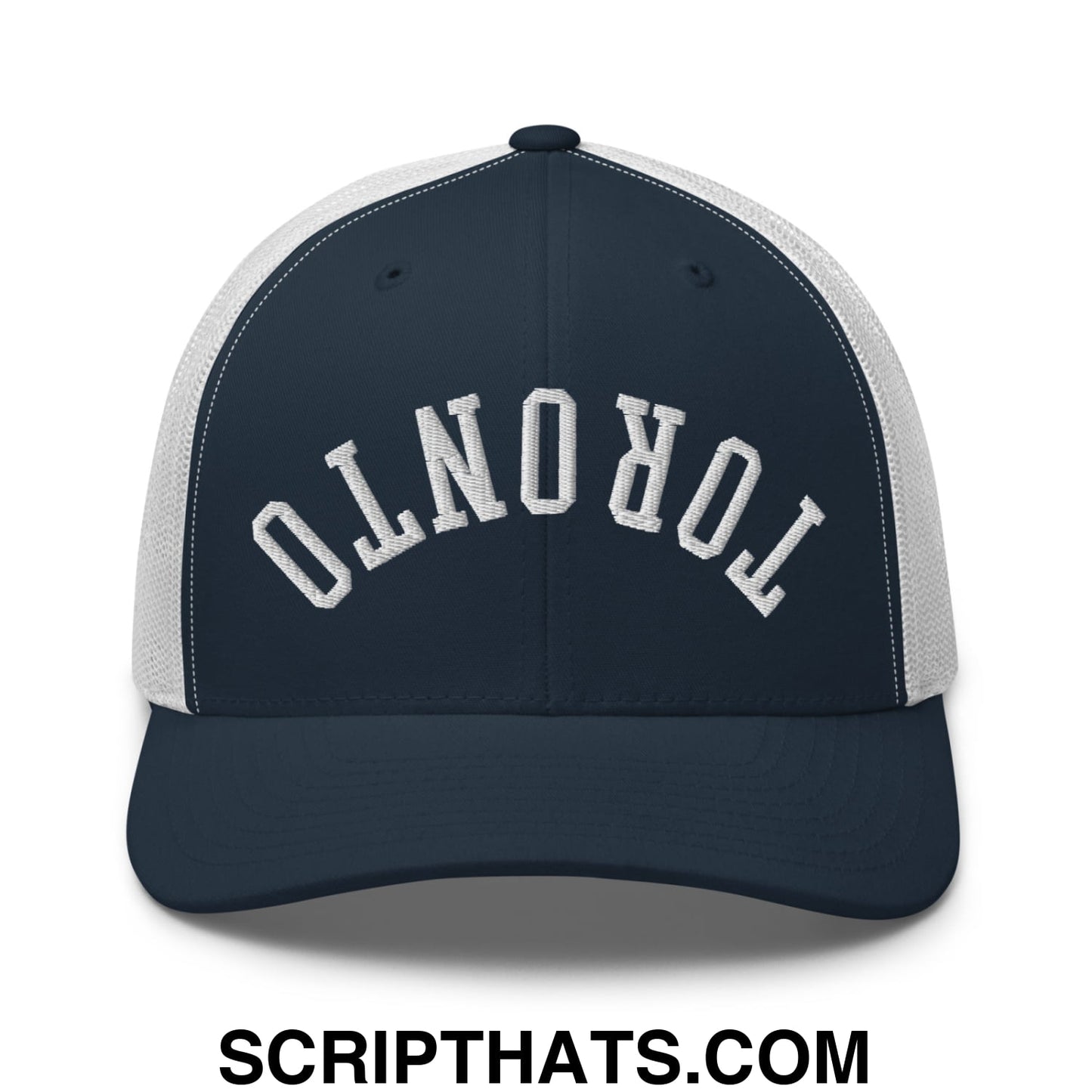 Upside Down Toronto Embroidered Mesh Trucker Hat Navy White