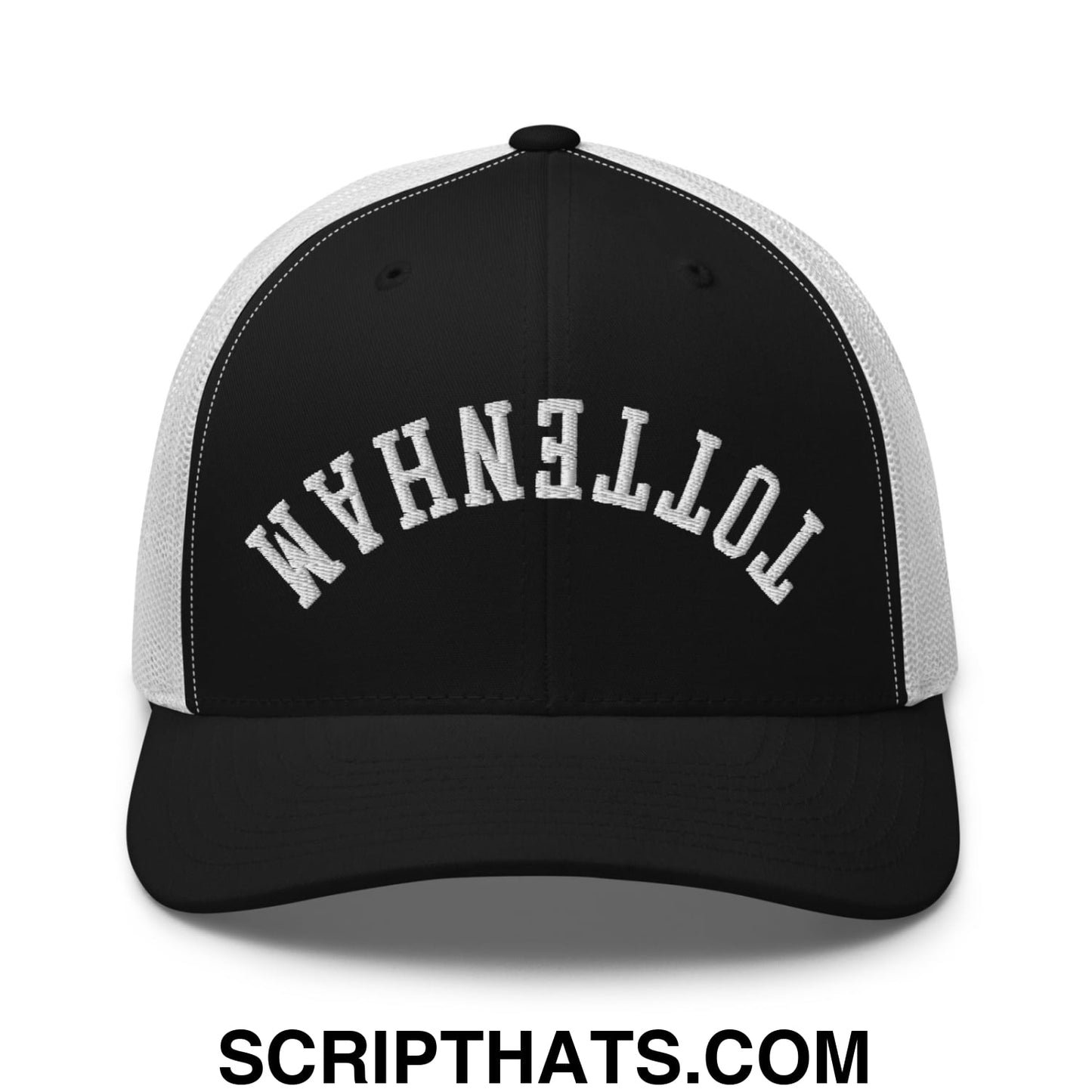 Upside Down Tottenham Embroidered Mesh Trucker Hat Black White