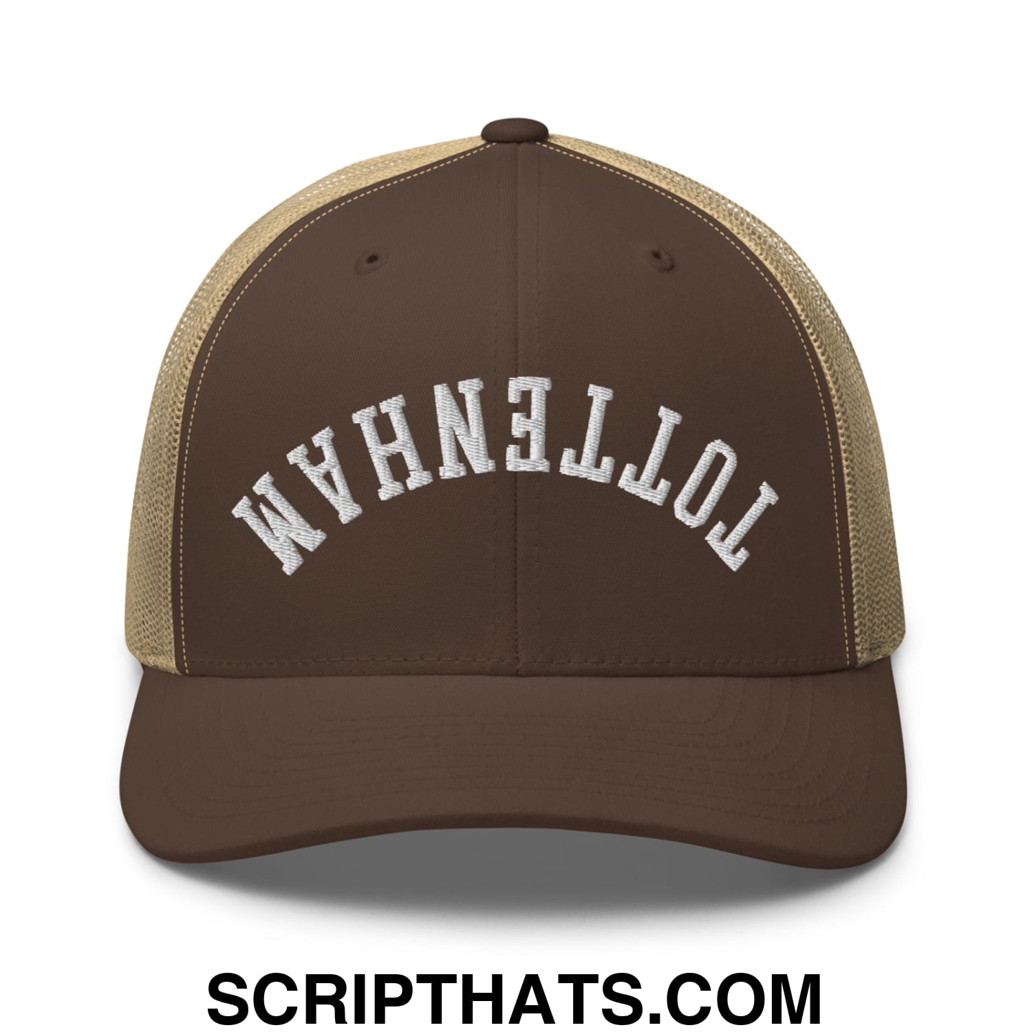 Upside Down Tottenham Embroidered Mesh Trucker Hat Brown Khaki