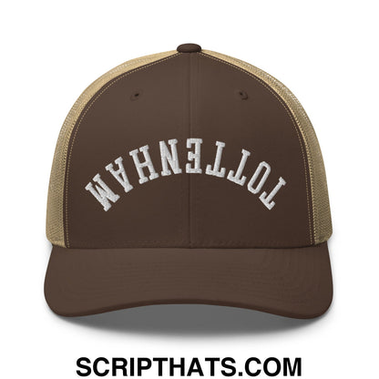 Upside Down Tottenham Embroidered Mesh Trucker Hat Brown Khaki