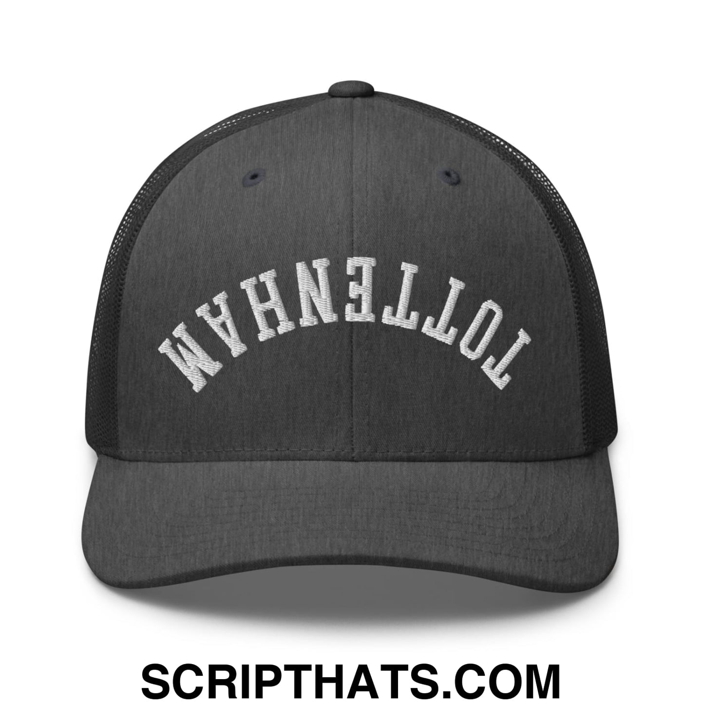 Upside Down Tottenham Embroidered Mesh Trucker Hat Dark Heather Gray