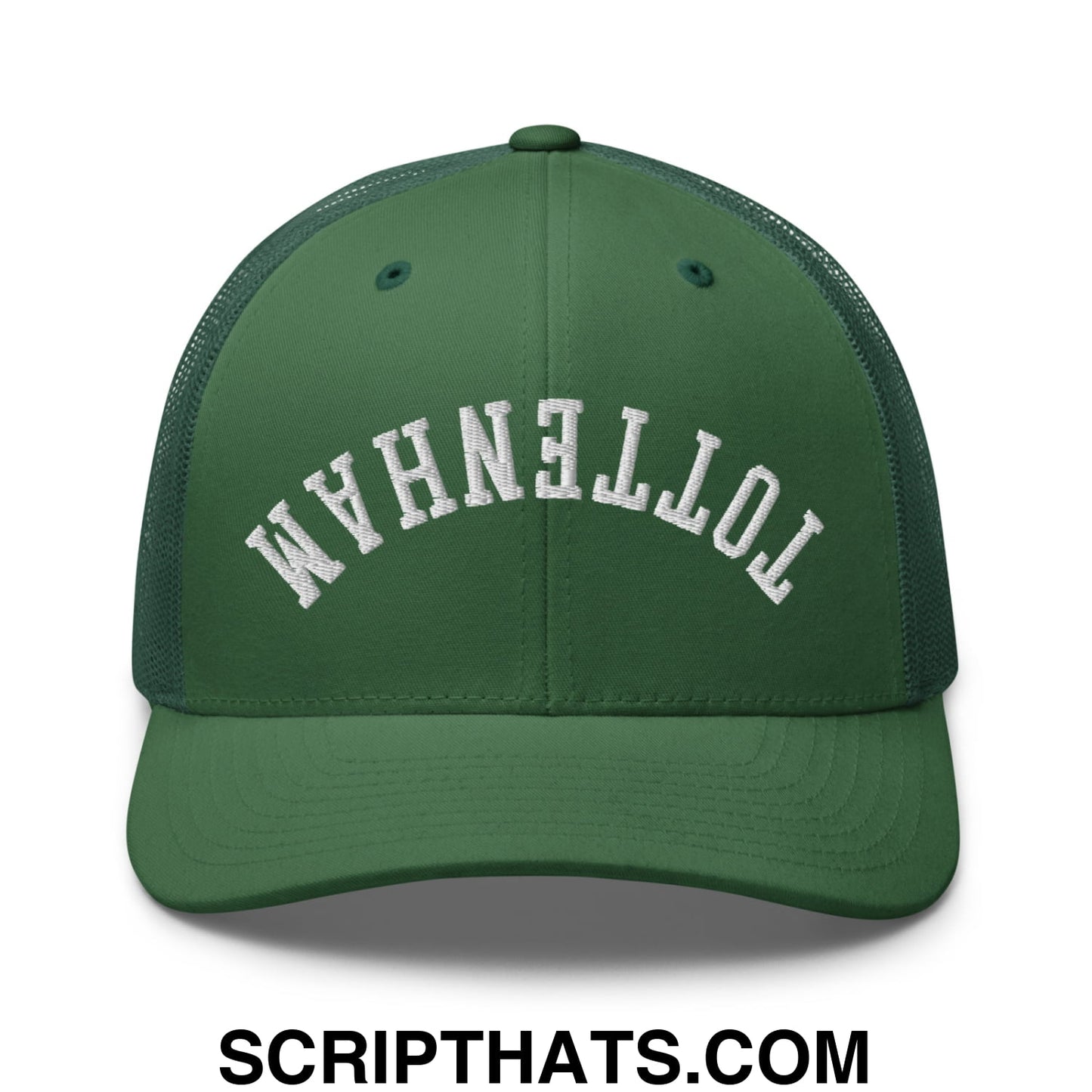 Upside Down Tottenham Embroidered Mesh Trucker Hat Evergreen