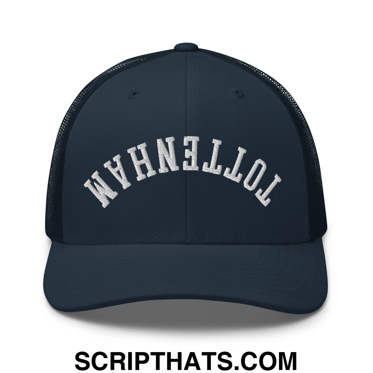 Upside Down Tottenham Embroidered Mesh Trucker Hat Navy