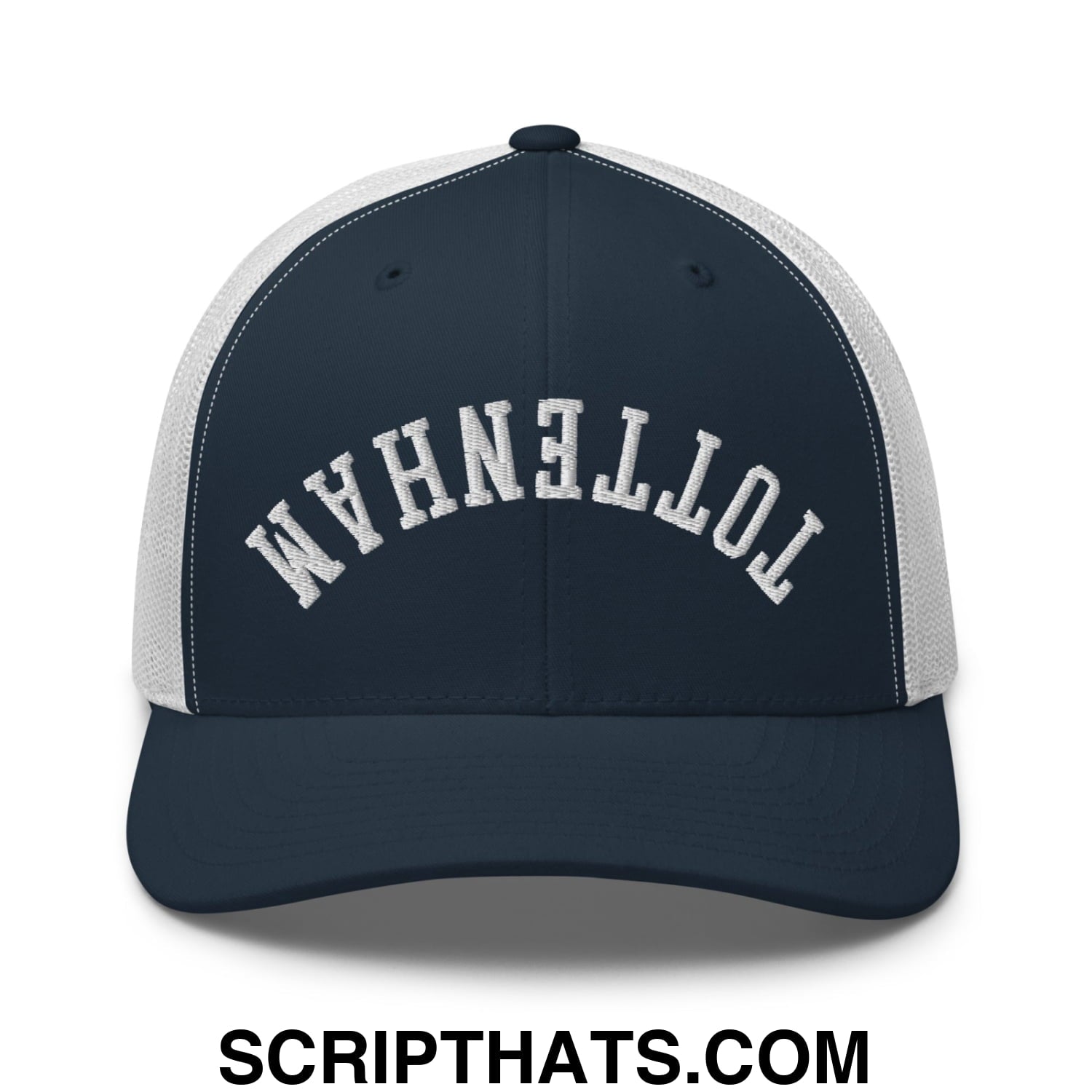 Upside Down Tottenham Embroidered Mesh Trucker Hat Navy White