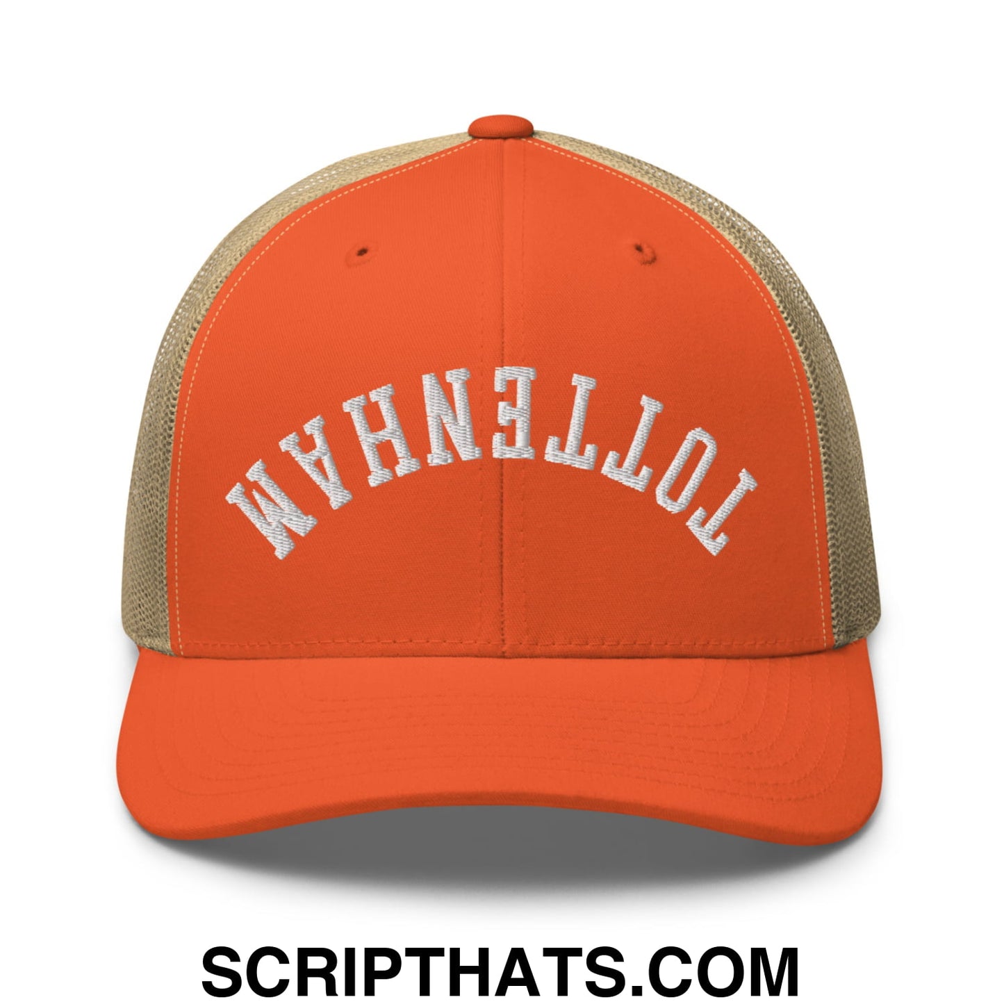 Upside Down Tottenham Embroidered Mesh Trucker Hat Rustic Orange Khaki