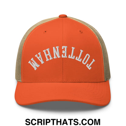 Upside Down Tottenham Embroidered Mesh Trucker Hat Rustic Orange Khaki