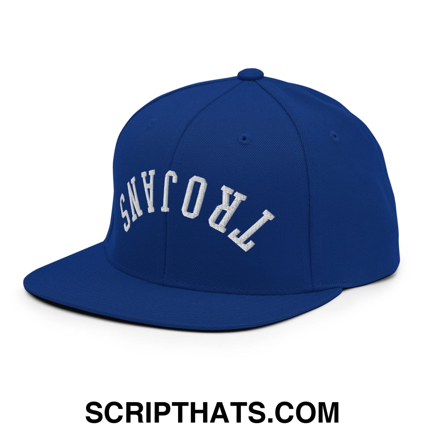 Royal blue snapback cap with white embroidered trojans in an arched design and flat bill brim