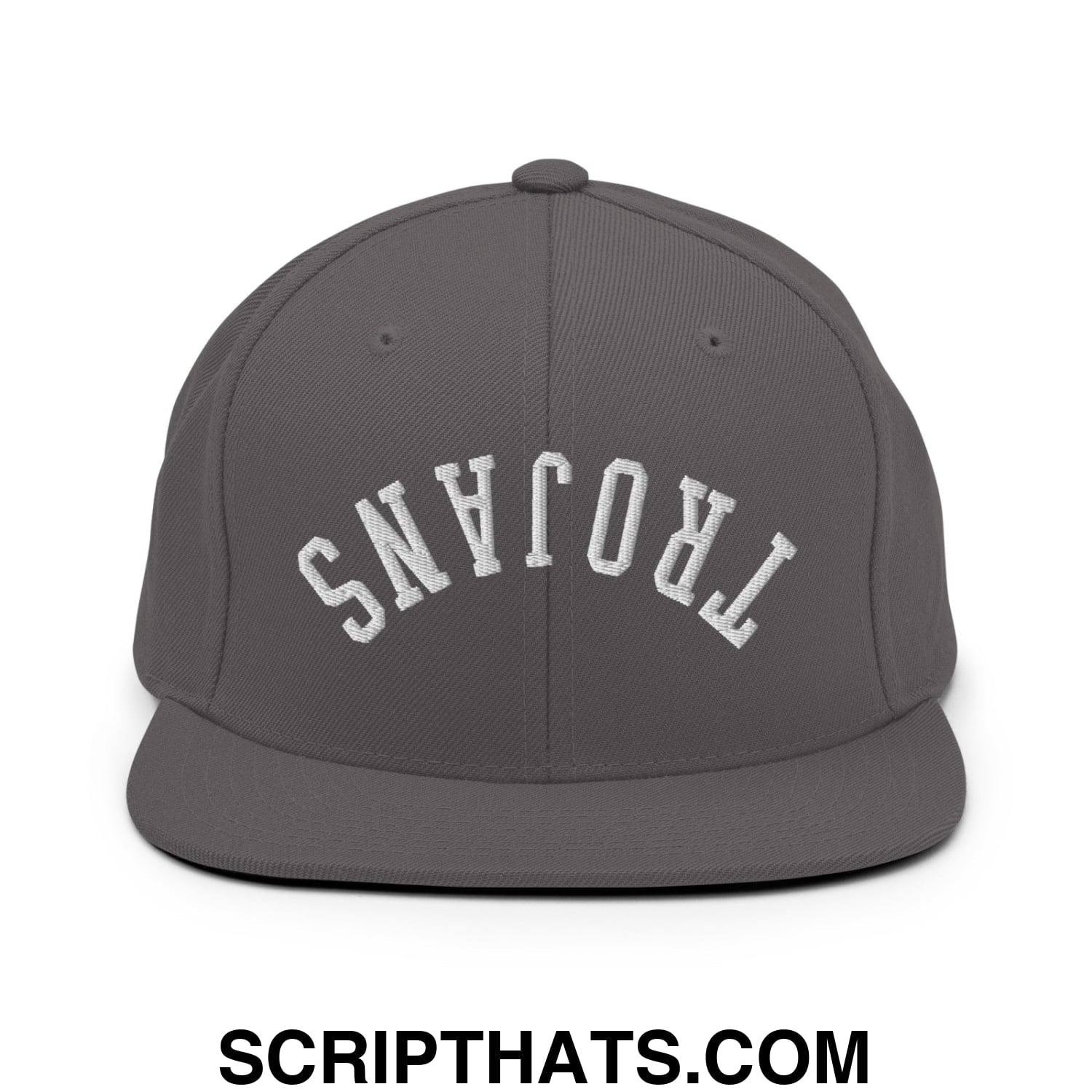 Gray snapback cap with white embroidered trojans lettering in an arched design and flat bill brim