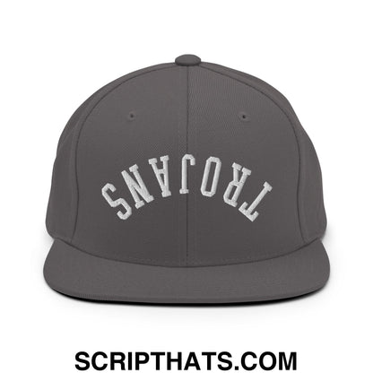 Gray snapback cap with white embroidered trojans lettering in an arched design and flat bill brim