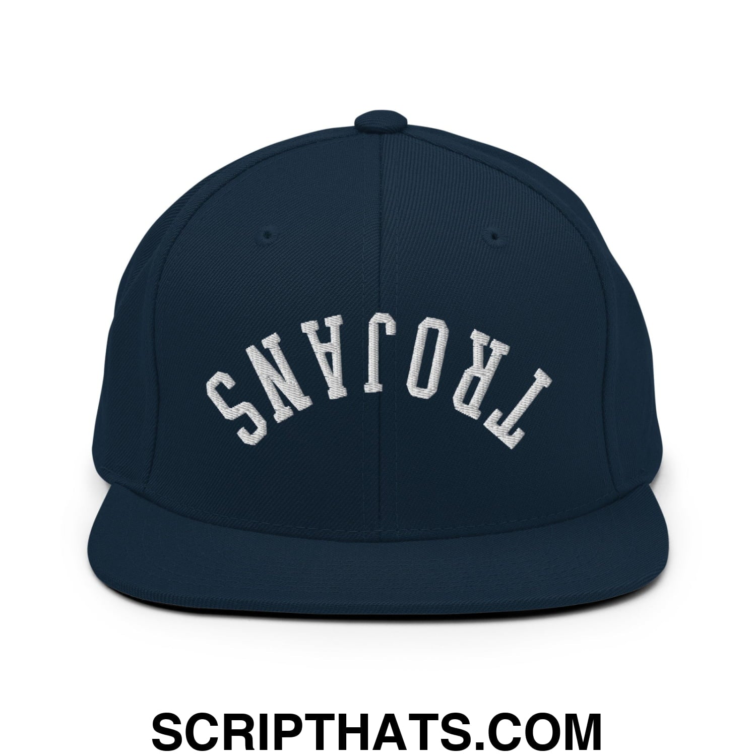 Navy blue snapback hat with white embroidered trojans lettering in an arched design and flat bill brim
