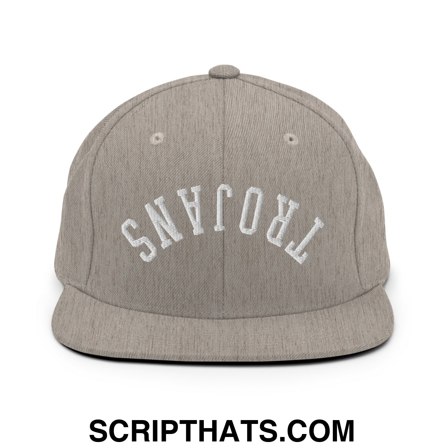 Gray snapback cap with white embroidered trojans lettering and flat bill brim for casual wear