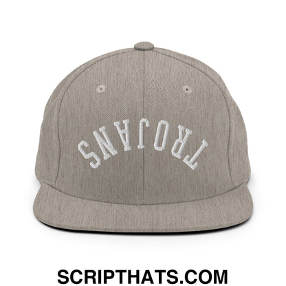 Gray snapback cap with white embroidered trojans lettering and flat bill brim for casual wear