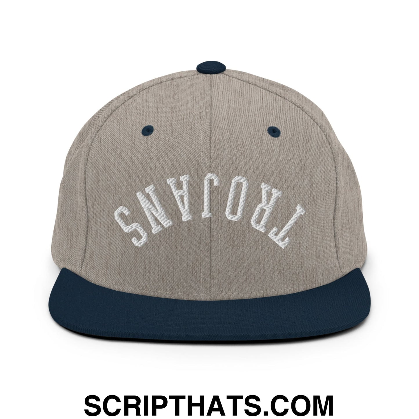 A gray and navy blue snapback hat with white embroidered trojans lettering and a flat bill brim