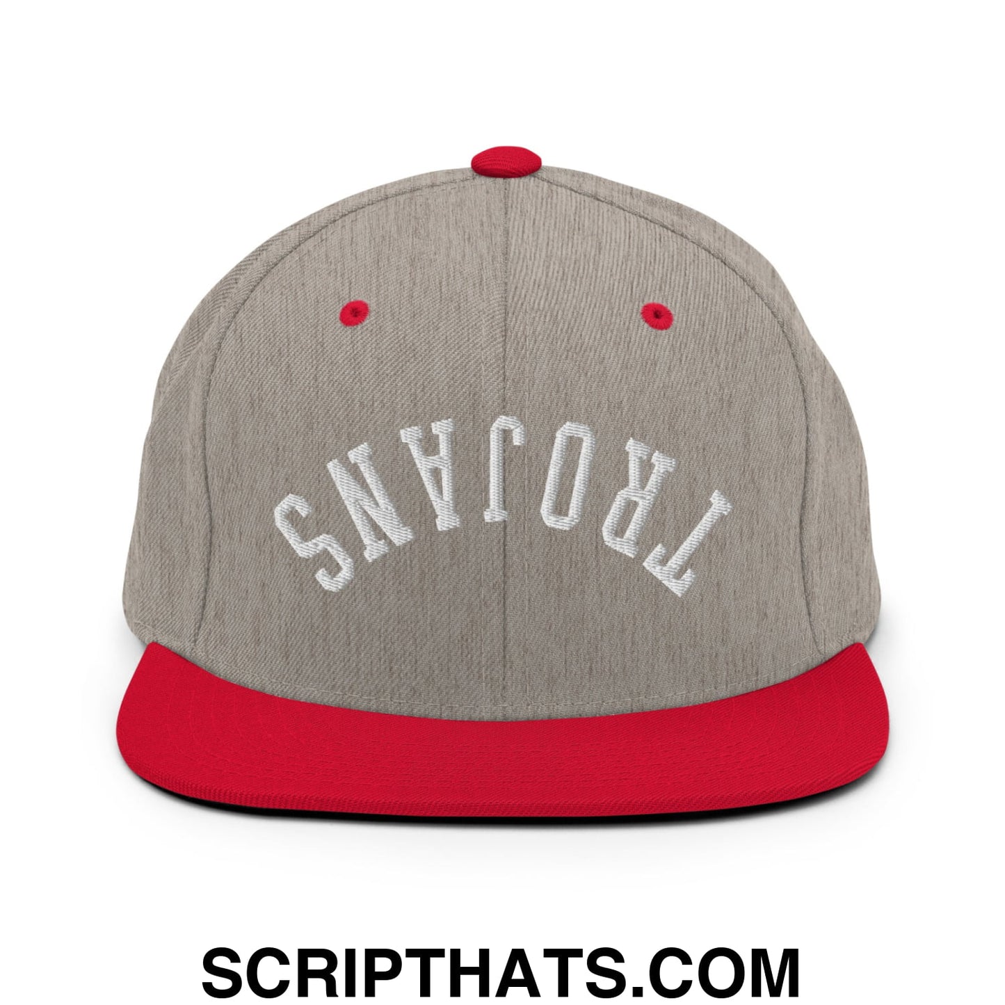Gray and red snapback hat with white embroidered trojans lettering and flat bill brim for casual wear