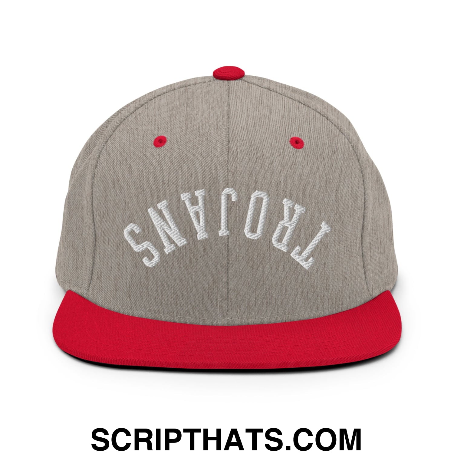 Gray and red snapback hat with white embroidered trojans lettering and flat bill brim for casual wear