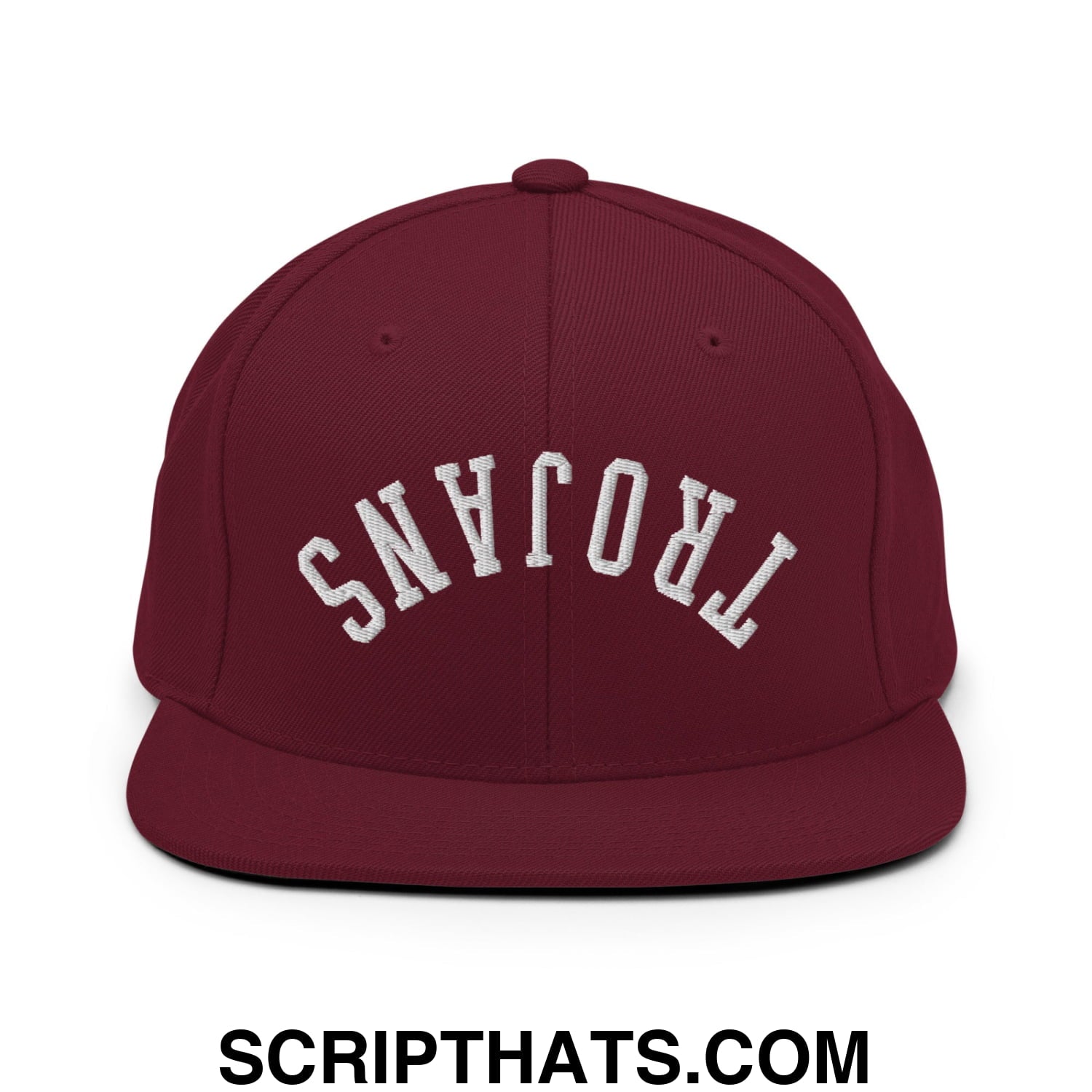 Maroon upside down Trojans embroidered flat bill snapback hat with white arch lettering on front panel