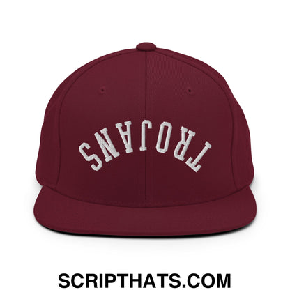 Maroon upside down Trojans embroidered flat bill snapback hat with white arch lettering on front panel