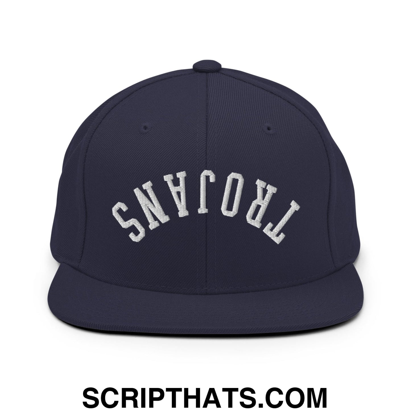 Navy blue flat bill brim snapback hat with white embroidered trojans lettering in an arched design