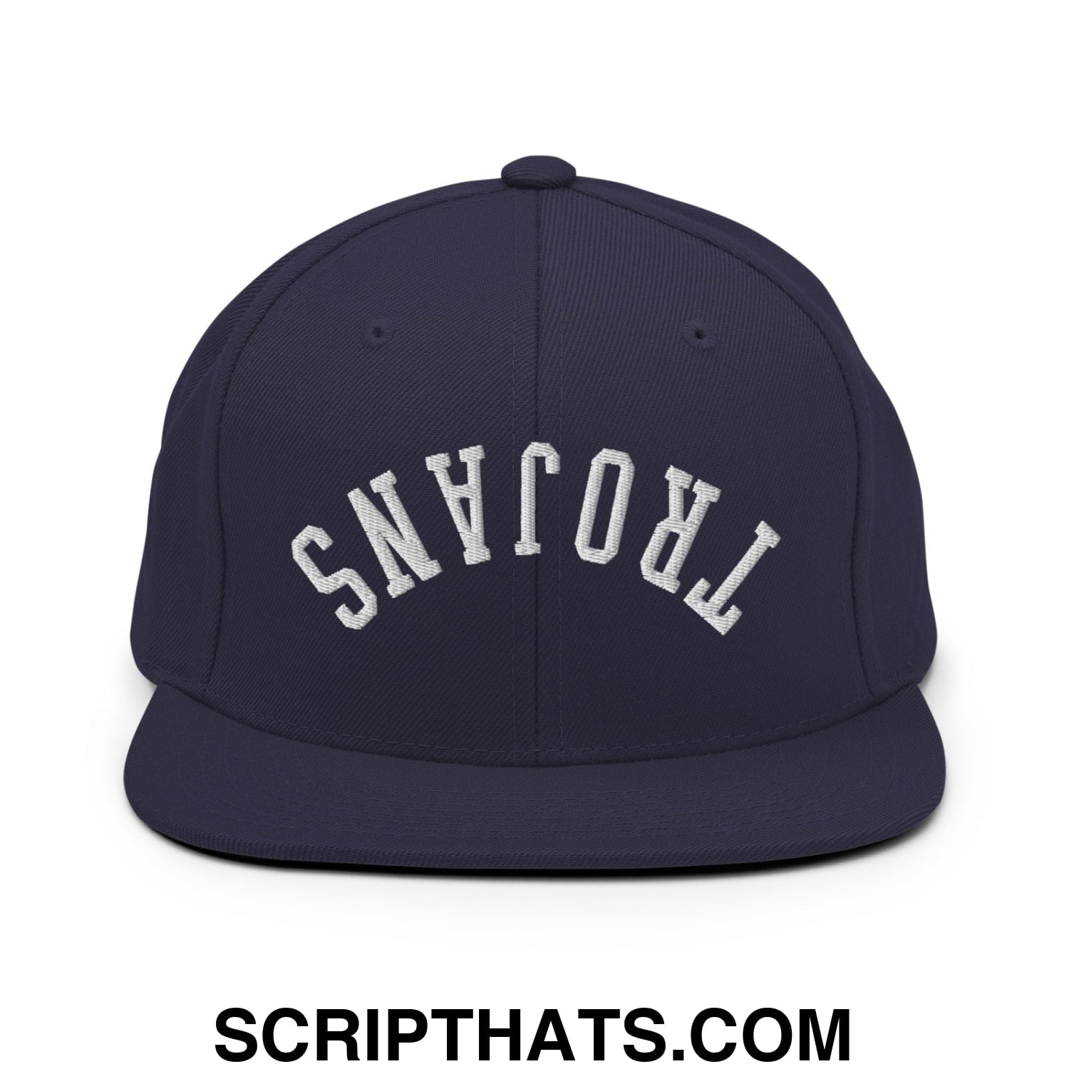 Navy blue flat bill brim snapback hat with white embroidered trojans lettering in an arched design