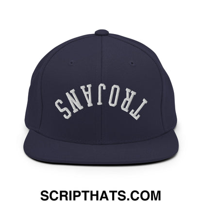 Navy blue flat bill brim snapback hat with white embroidered trojans lettering in an arched design