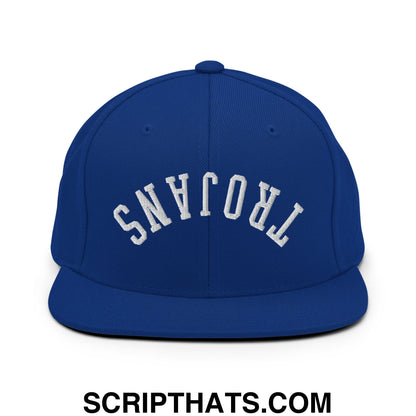 Royal blue snapback hat with white arched Trojans embroidery and flat bill brim for stylish casual wear