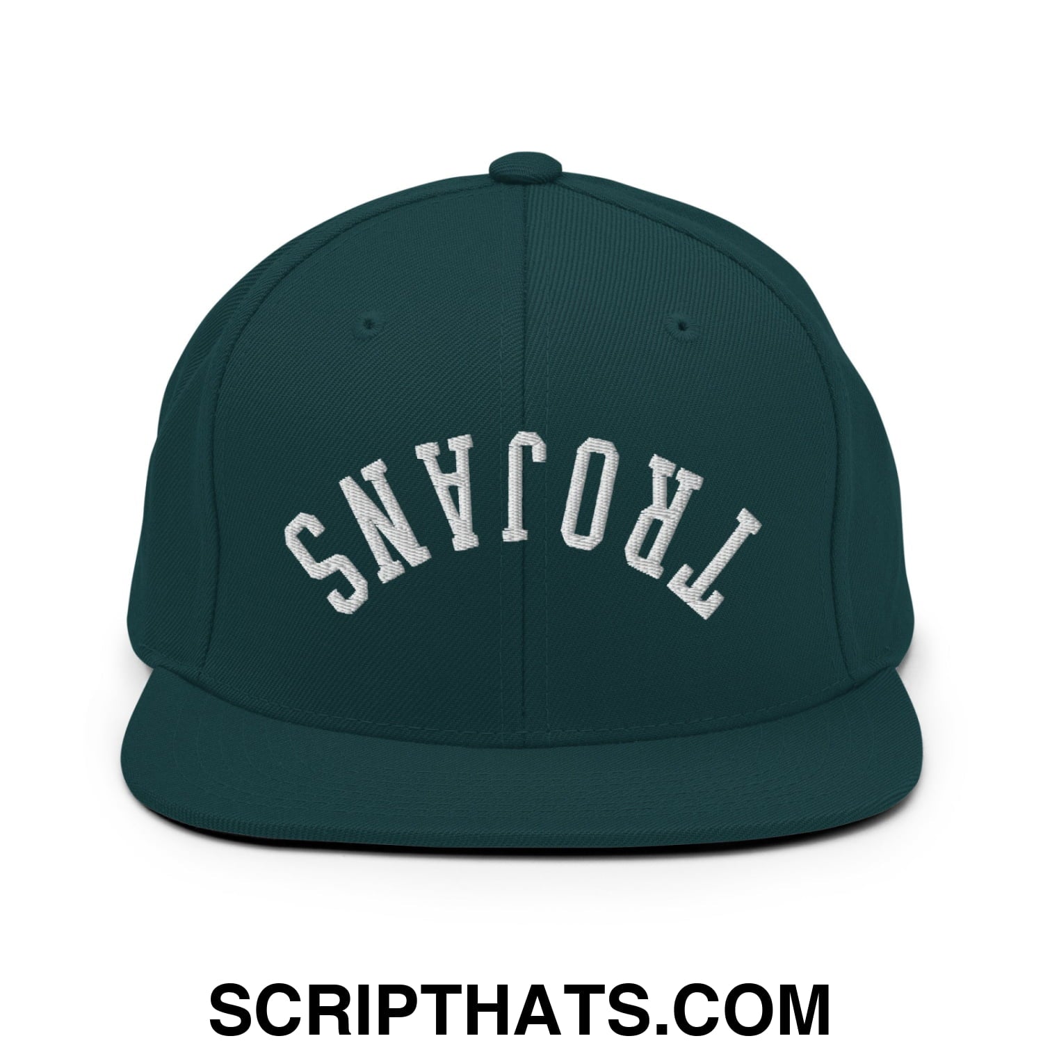 Dark green snapback hat with white embroidered trojans lettering and flat bill brim in an upside down design