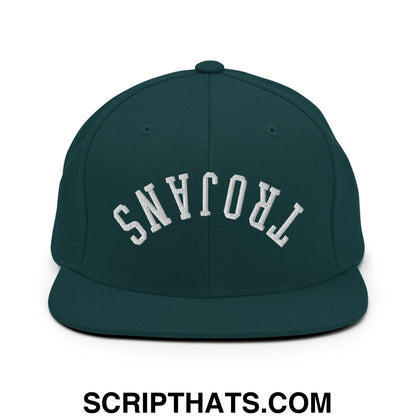 Dark green snapback hat with white embroidered trojans lettering and flat bill brim in an upside down design