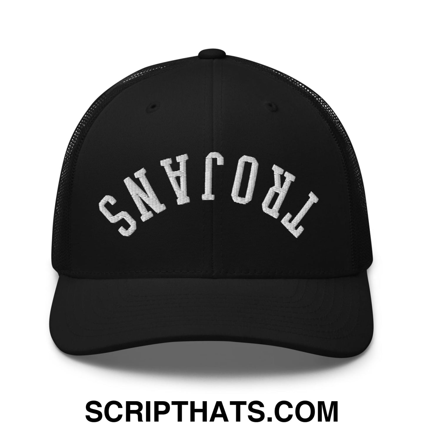 Black mesh trucker hat with white embroidered trojans lettering in an arched design, upside down style