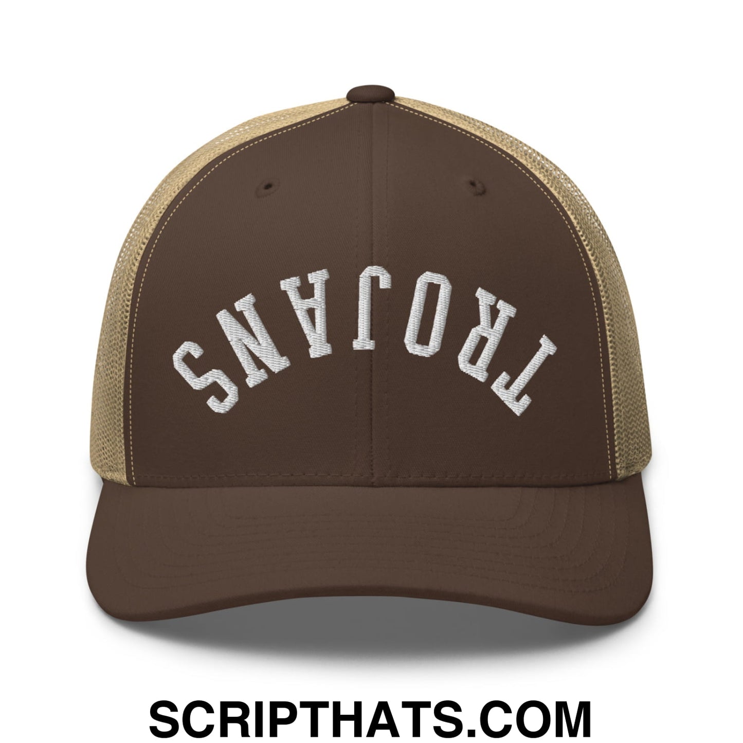 Brown and tan mesh trucker hat with white embroidered trojans lettering featuring upside down design
