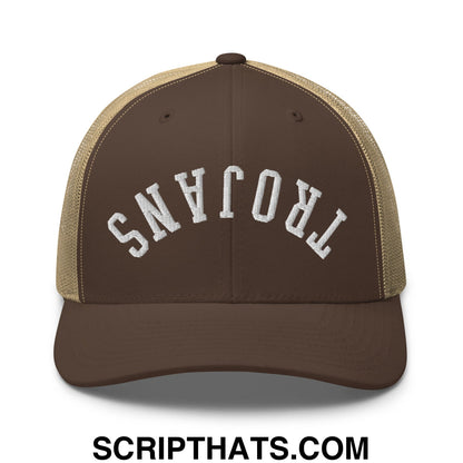 Brown and tan mesh trucker hat with white embroidered trojans lettering featuring upside down design