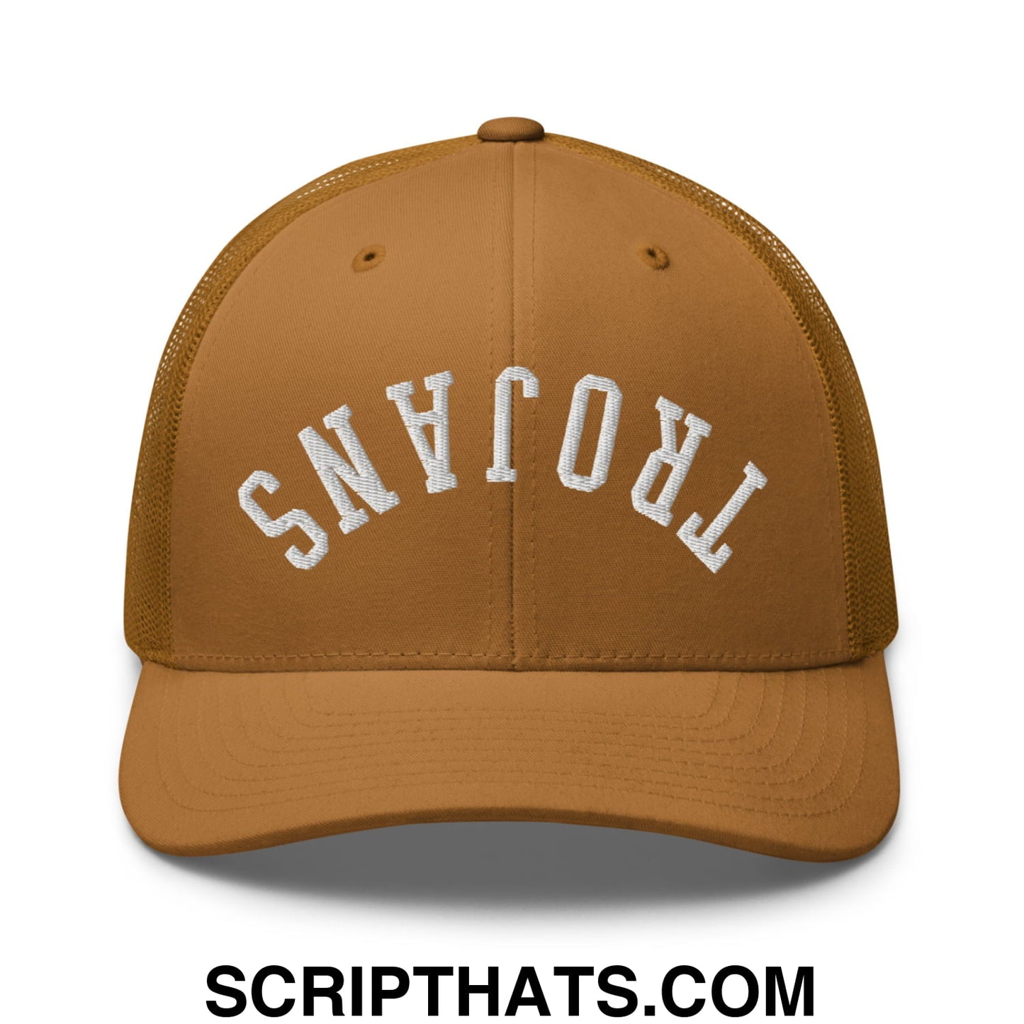Tan mesh trucker hat with white embroidered trojans lettering across the front from upside down trojans collection