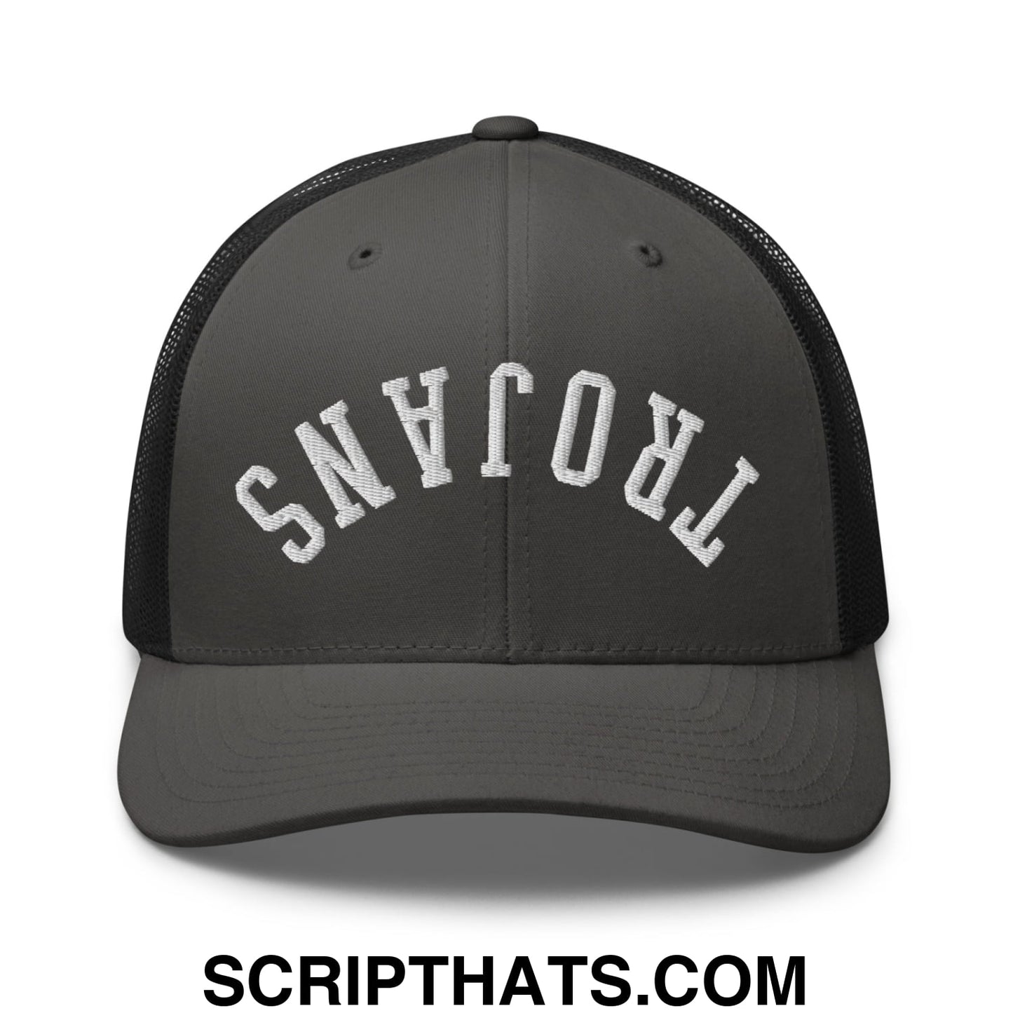 Dark gray mesh trucker hat with white embroidered Trojans lettering in an arched design for casual wear