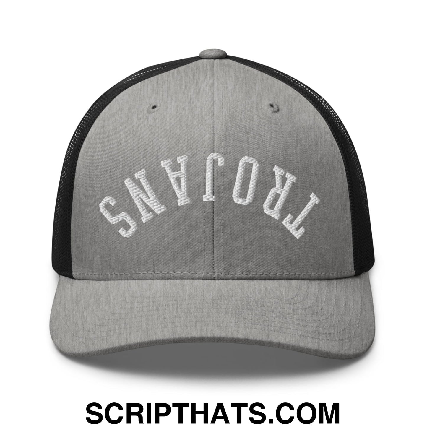 Gray and black mesh trucker hat with upside down trojans embroidered in white arched lettering on the front