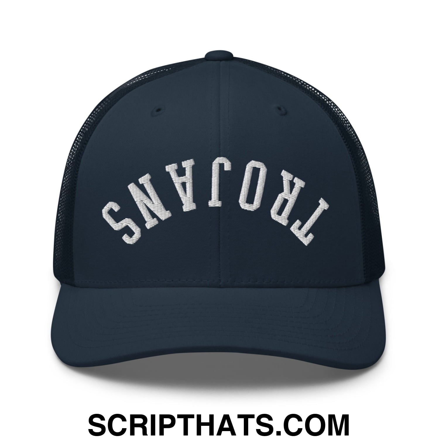 Navy blue mesh trucker hat with white embroidered upside down trojans lettering in an arched design