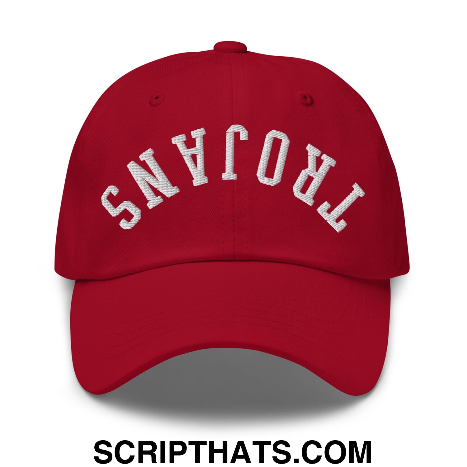 Red unstructured dad hat with white embroidered trojans lettering in an arched design