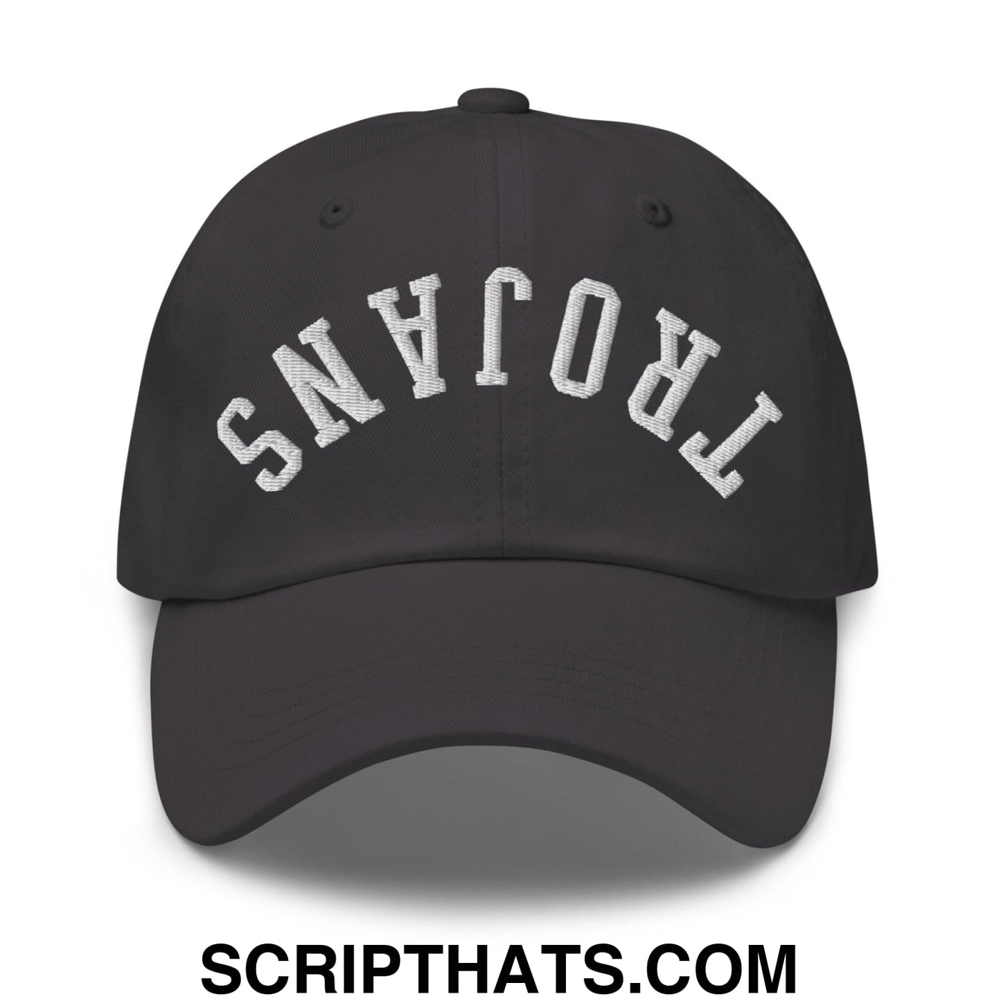 Black unstructured dad hat with white embroidered trojans lettering in an arched design upside down style