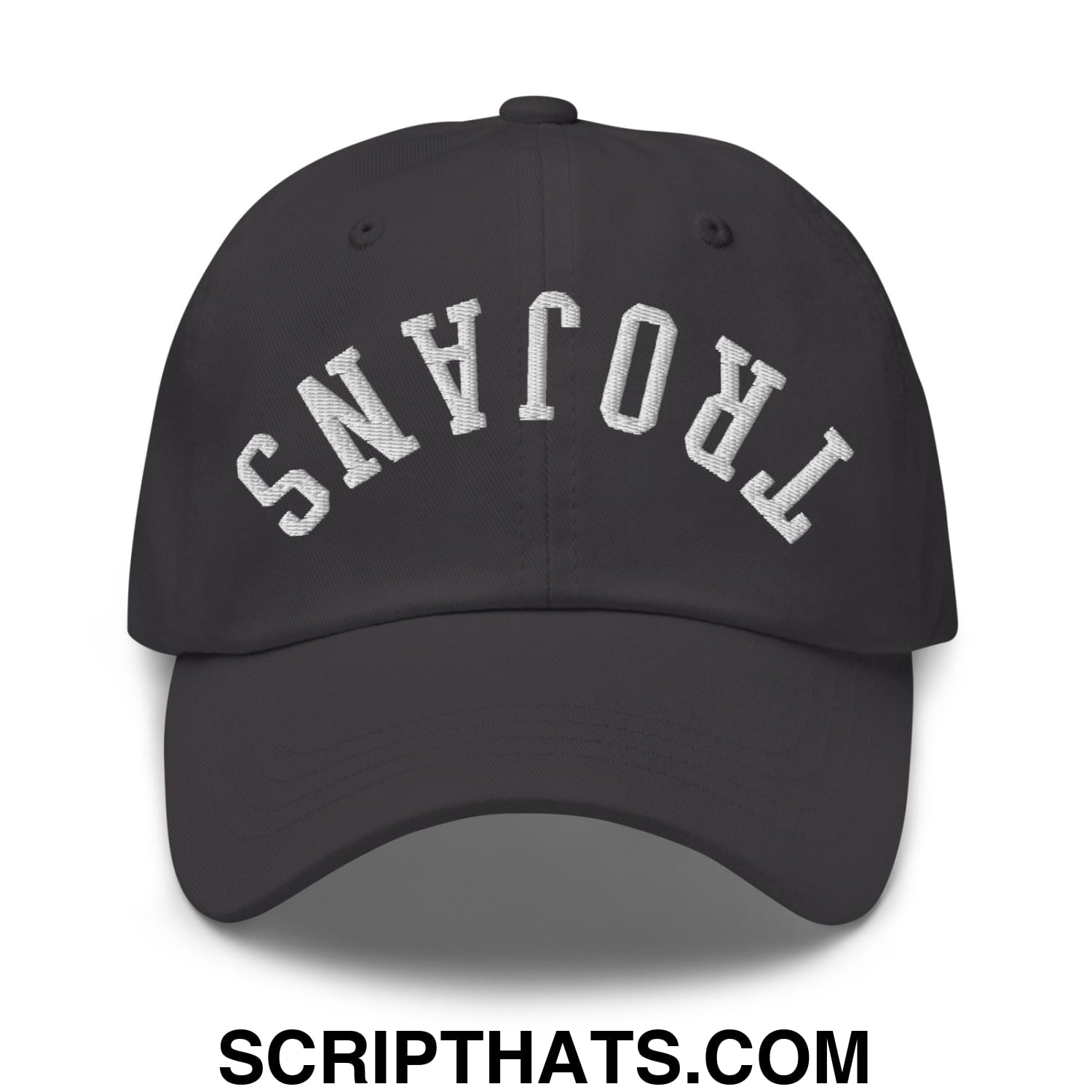 Black unstructured dad hat with white embroidered trojans lettering in an arched design upside down style