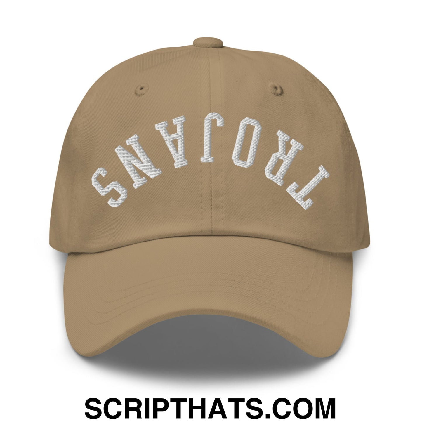 Beige unstructured dad hat with white arched trojans embroidery featuring upside down design
