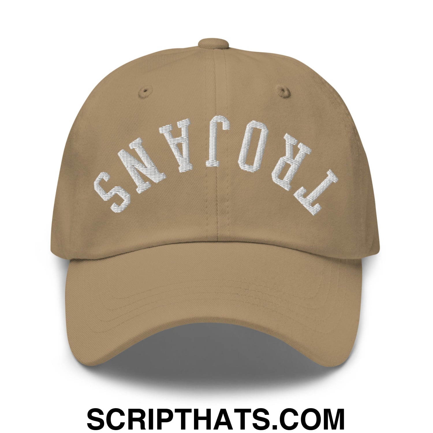 Beige unstructured dad hat with white arched trojans embroidery featuring upside down design