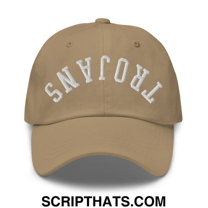 Beige unstructured dad hat with white arched trojans embroidery featuring upside down design