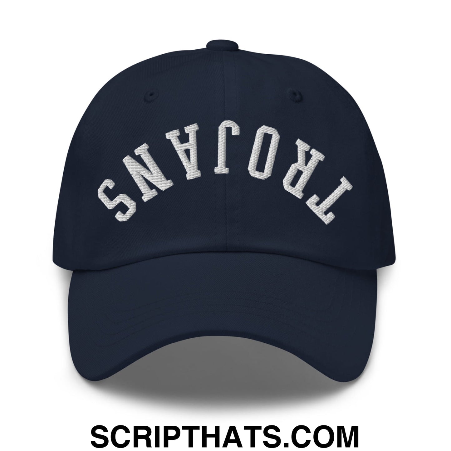 Navy blue unstructured dad hat with white embroidered trojans lettering in an arched design for casual wear