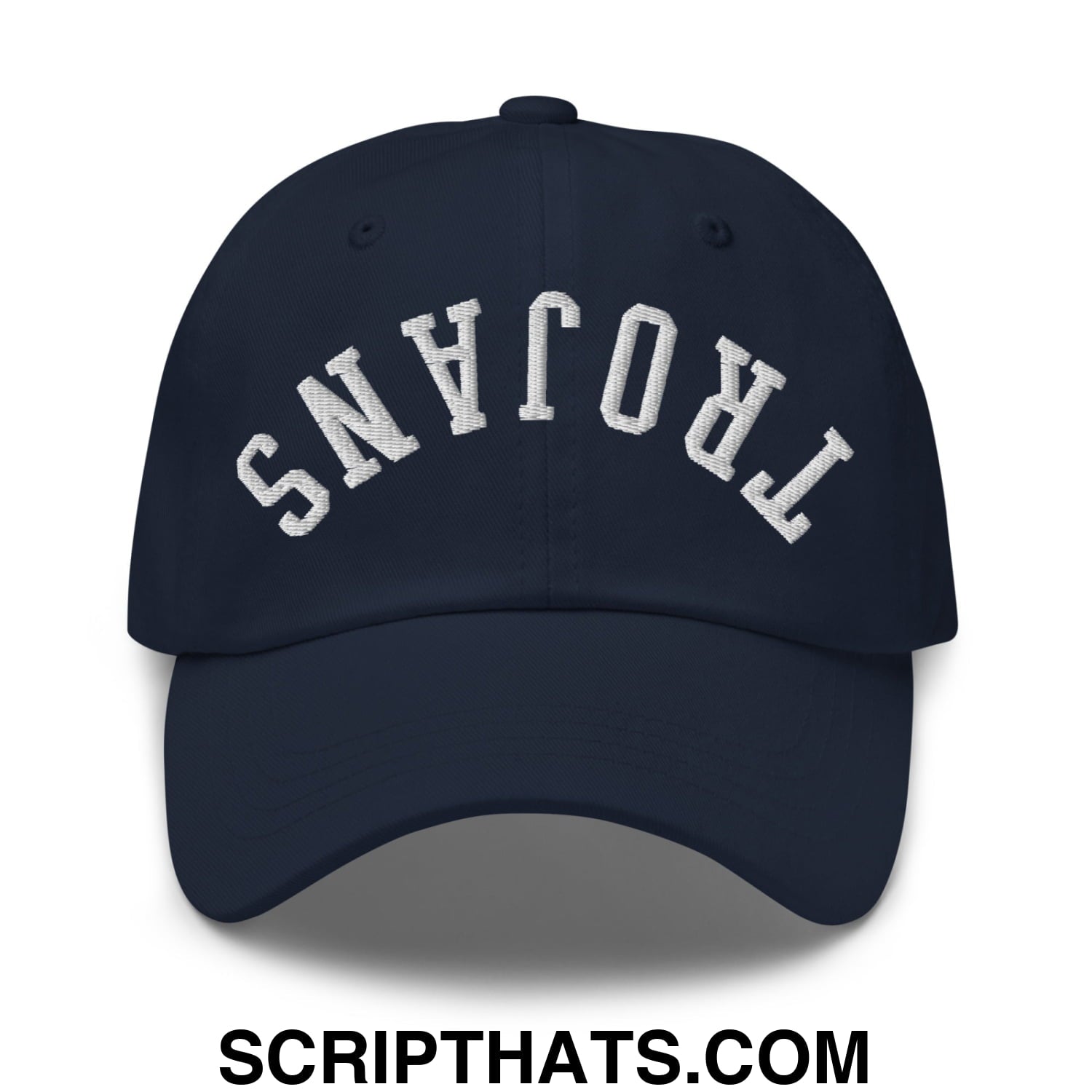 Navy blue unstructured dad hat with white embroidered trojans lettering in an arched design for casual wear