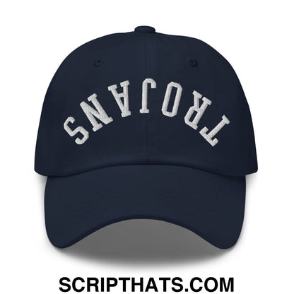 Navy blue unstructured dad hat with white embroidered trojans lettering in an arched design for casual wear