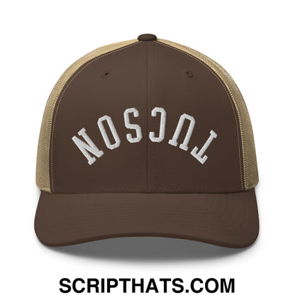 Upside Down Tucson Embroidered Mesh Trucker Hat Brown Khaki