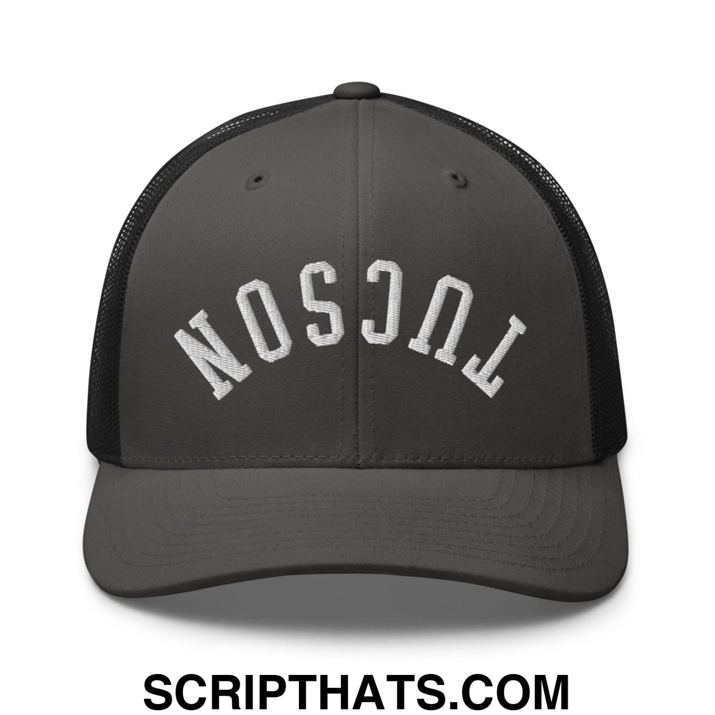 Upside Down Tucson Embroidered Mesh Trucker Hat Charcoal Black